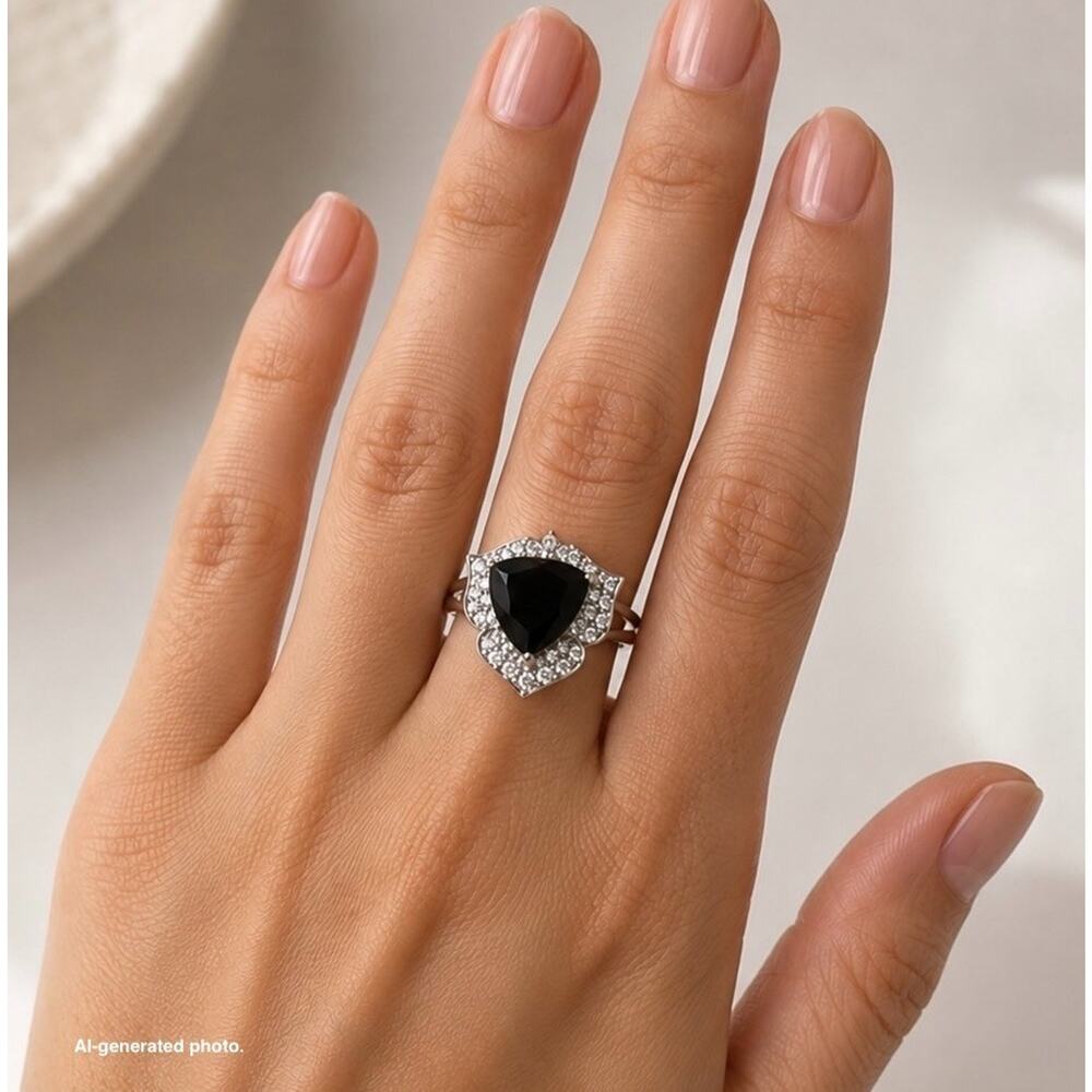 925 Sterling Silver Black Onyx Ring White Topaz Lotus Halo Sz 11.25 7ct Trillion